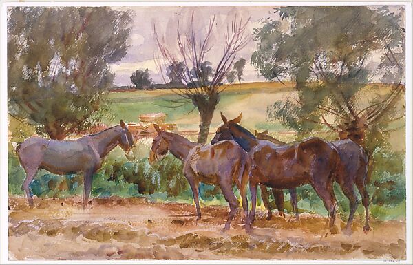 Mules, John Singer Sargent (American, Florence 1856–1925 London), Watercolor, graphite, and wax crayon on off-white wove paper, American 