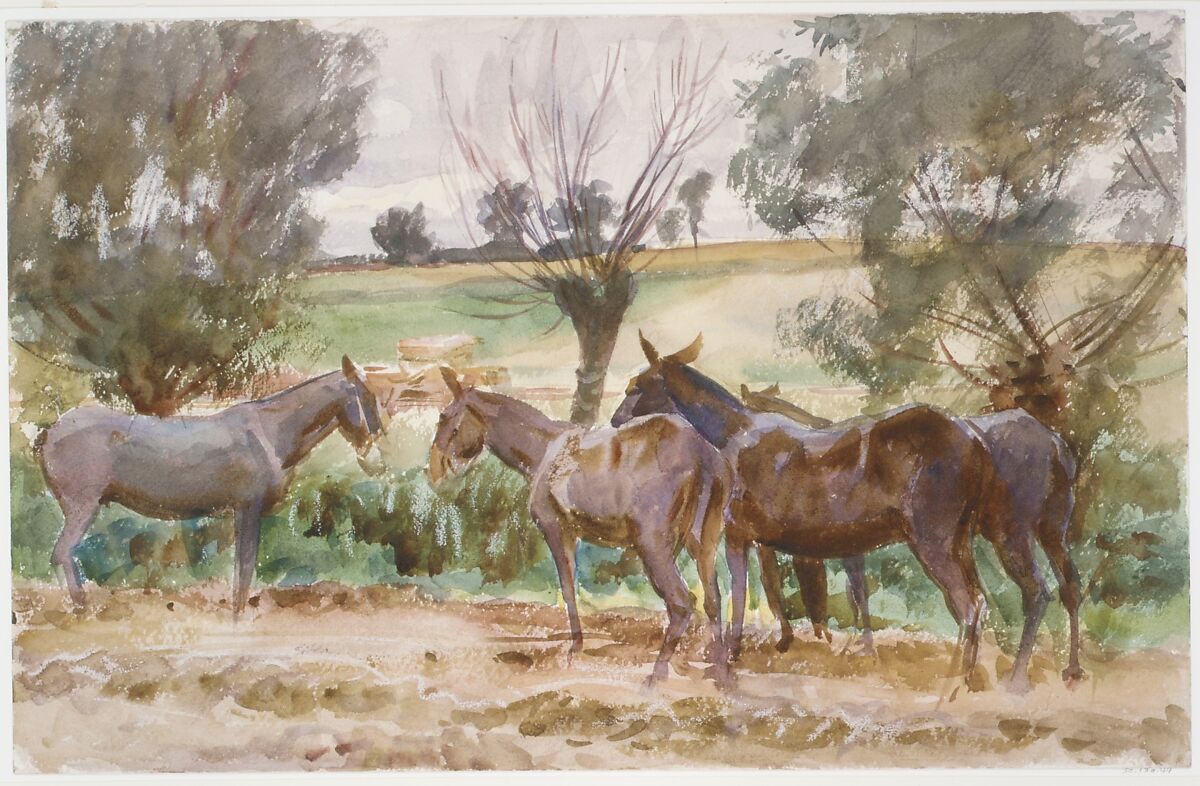 Mules, John Singer Sargent (American, Florence 1856–1925 London), Watercolor, graphite, and wax crayon on off-white wove paper, American