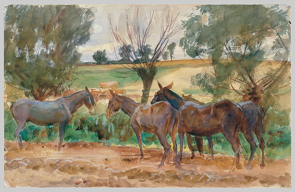 Mules, John Singer Sargent (American, Florence 1856–1925 London), Watercolor, graphite, and wax crayon on off-white wove paper, American