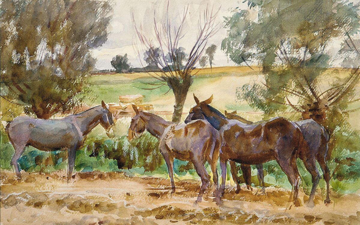 Mules, John Singer Sargent (American, Florence 1856–1925 London), Watercolor, graphite, and wax crayon on off-white wove paper, American