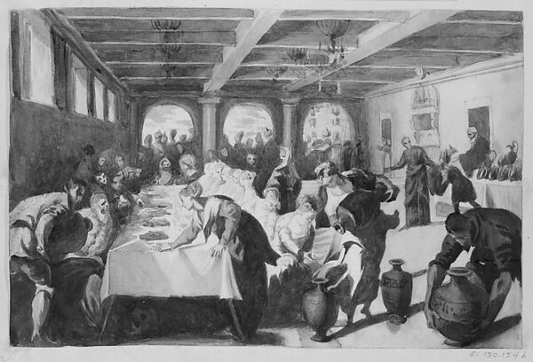 The Marriage at Cana (from scrapbook), John Singer Sargent (American, Florence 1856–1925 London), Graphite and watercolor on off-white wove paper, American