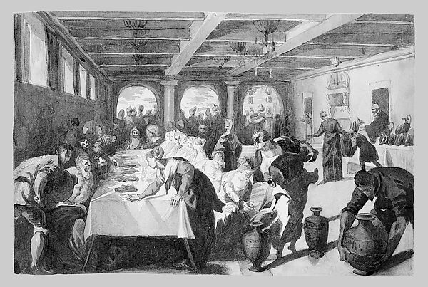 The Marriage at Cana (from scrapbook), John Singer Sargent (American, Florence 1856–1925 London), Graphite and watercolor on off-white wove paper, American