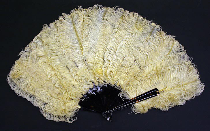 Fan, ostrich feathers, tortoiseshell, silk, American or European 