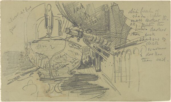 Boat Deck, John Singer Sargent (American, Florence 1856–1925 London), Graphite on pale green wove paper, American 