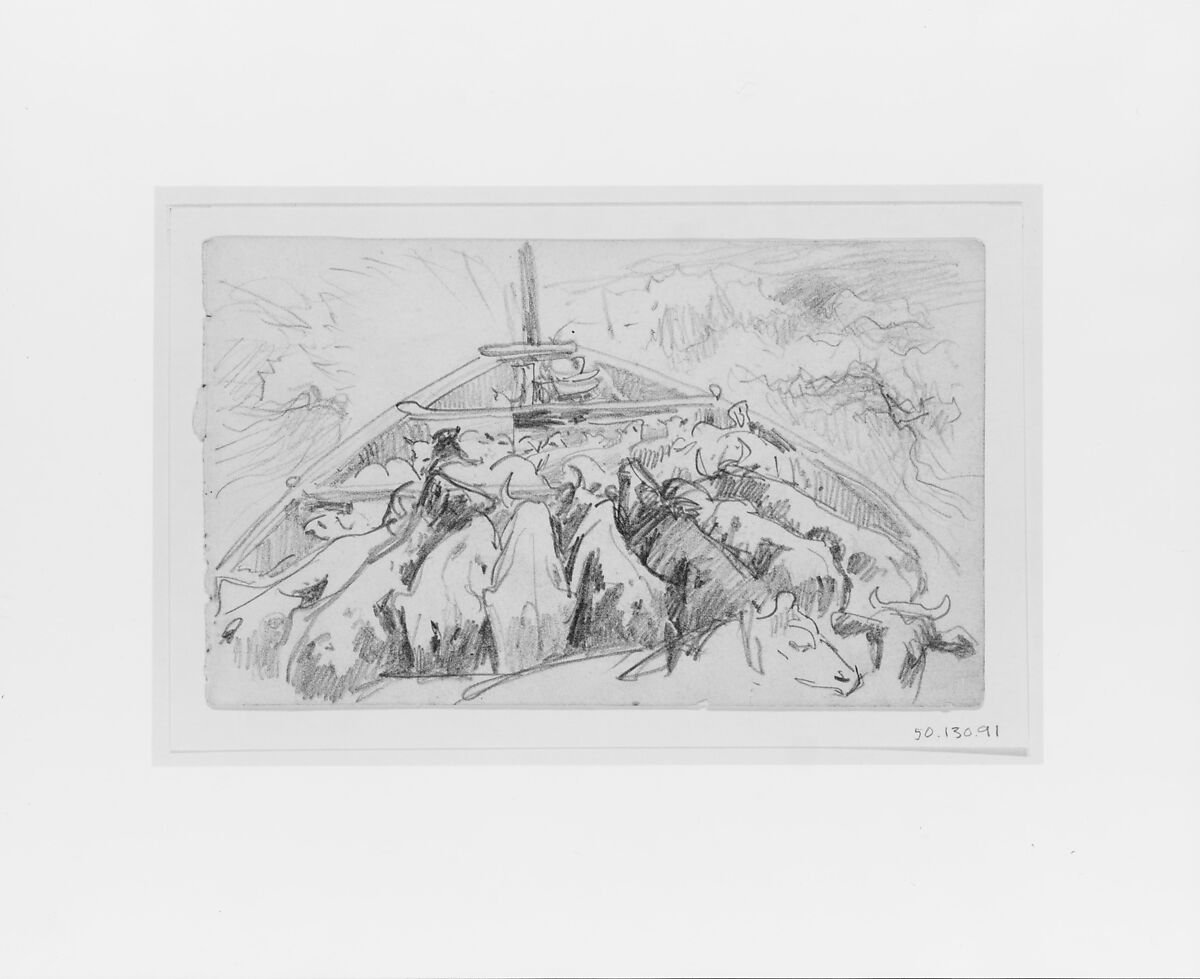 Cattle in Stern of a Boat, John Singer Sargent (American, Florence 1856–1925 London), Graphite on off-white wove paper, American