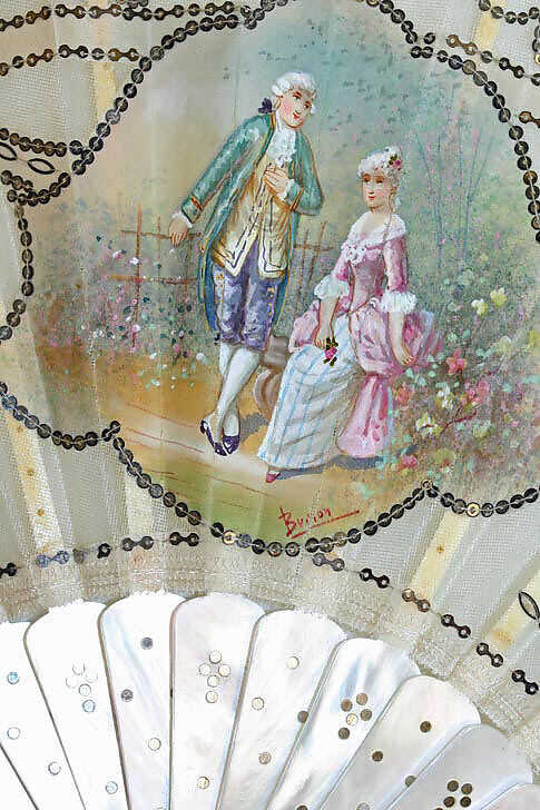 Fan, mother-of-pearl, silk, metal, American or European