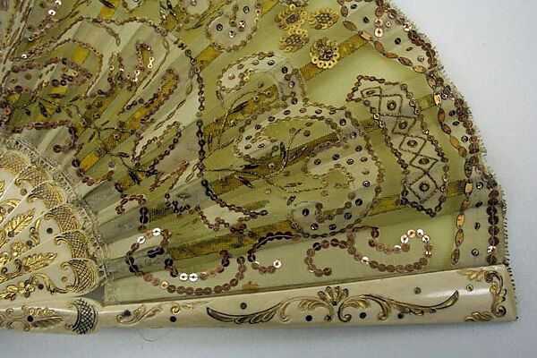 Fan, ivory, silk, metal, American or European