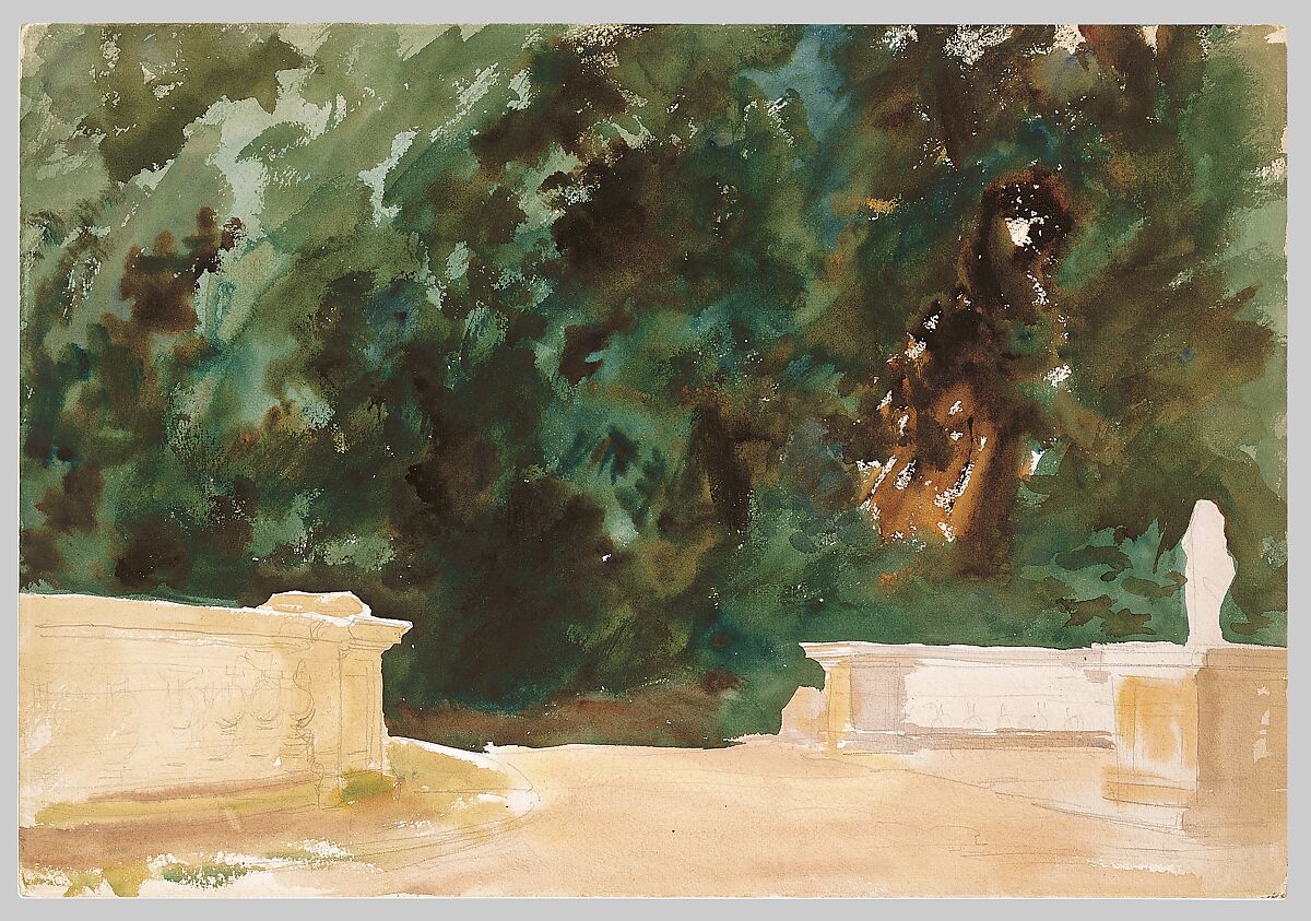 Terrace and Gardens, John Singer Sargent (American, Florence 1856–1925 London), Watercolor, graphite, and wax on white wove paper, American