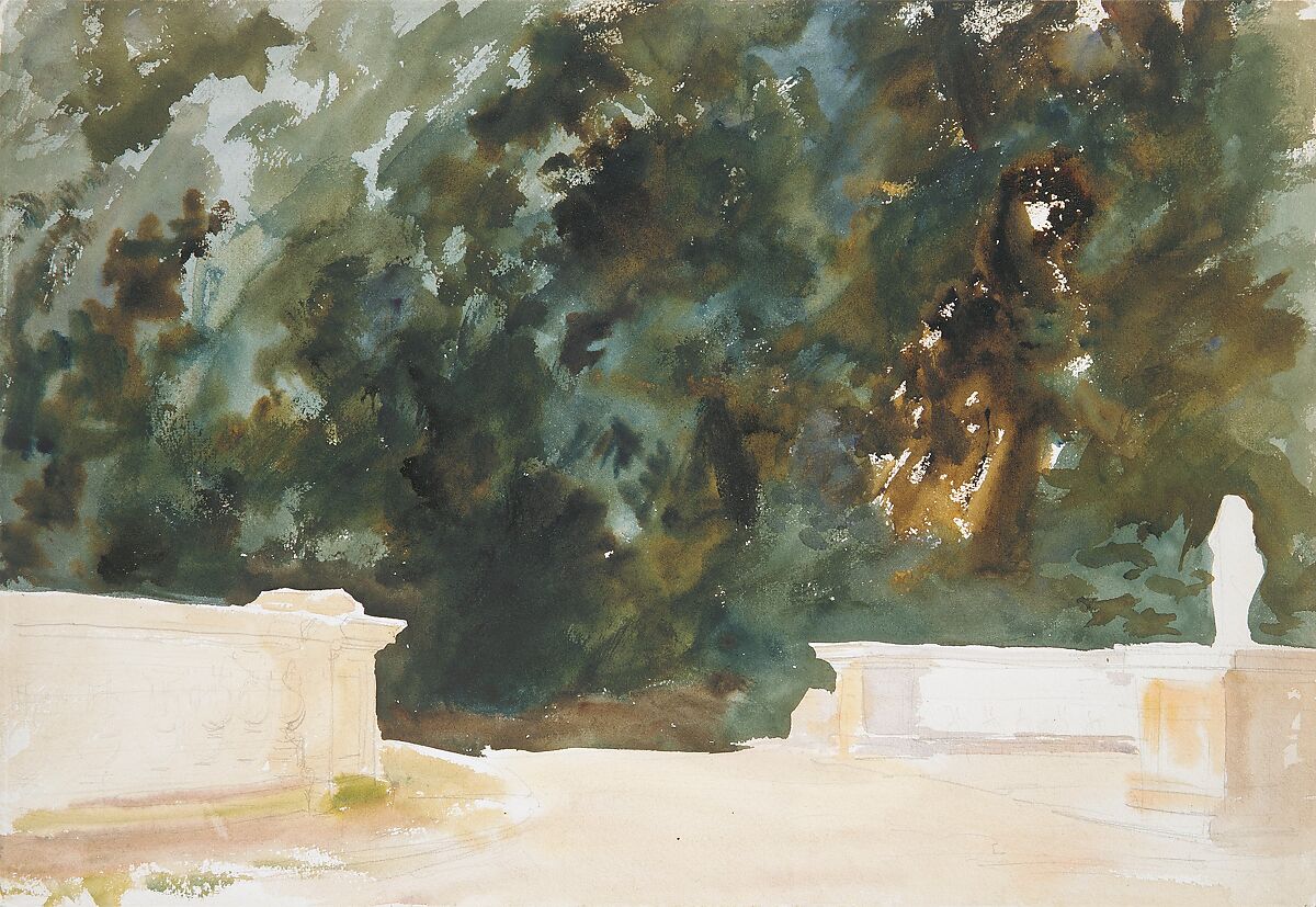 Terrace and Gardens, John Singer Sargent (American, Florence 1856–1925 London), Watercolor, graphite, and wax on white wove paper, American