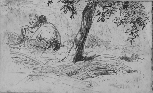 Boy and Girl Seated by Tree (from Scrapbook), John Singer Sargent (American, Florence 1856–1925 London), Graphite on off-white wove paper, American