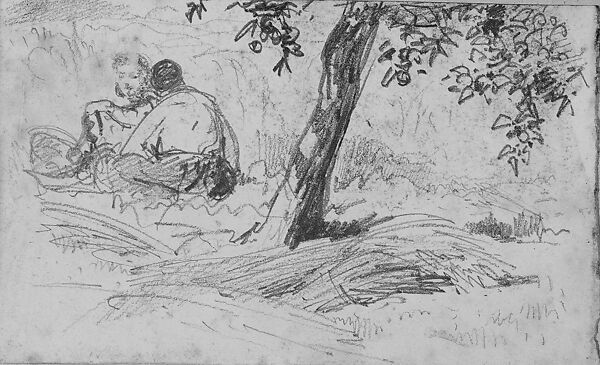 Boy and Girl Seated by Tree (from Scrapbook), John Singer Sargent (American, Florence 1856–1925 London), Graphite on off-white wove paper, American