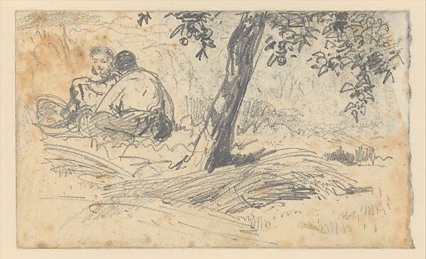 Boy and Girl Seated by Tree (from Scrapbook), John Singer Sargent (American, Florence 1856–1925 London), Graphite on off-white wove paper, American 