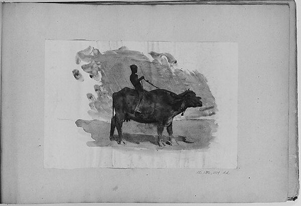Boy on Water Buffalo (from scrapbook), John Singer Sargent (American, Florence 1856–1925 London), Watercolor on off-white paper, American