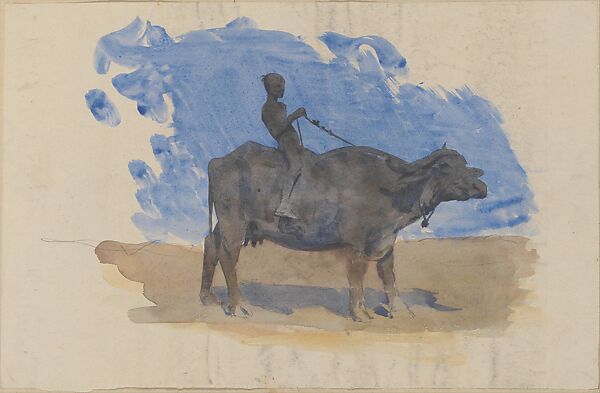 Boy on Water Buffalo (from scrapbook), John Singer Sargent (American, Florence 1856–1925 London), Watercolor on off-white paper, American 