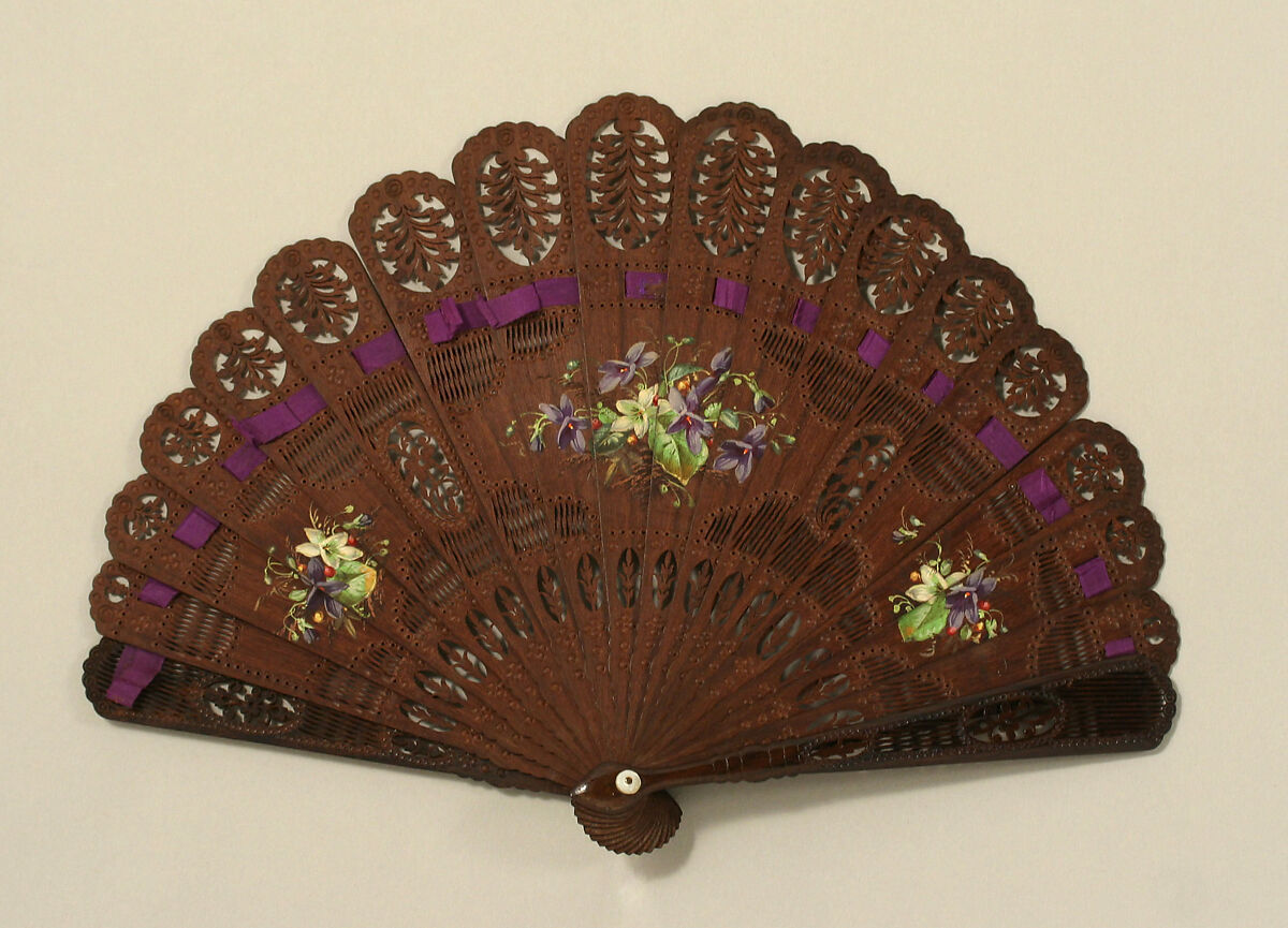 Brisé fan, wood, silk, American 