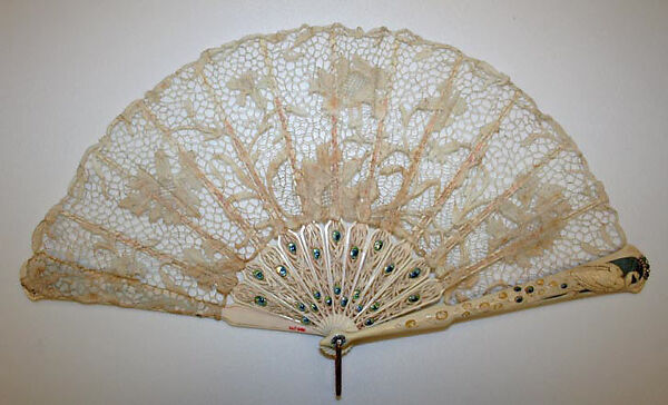 Fan, ivory, linen, enamel, Belgian 