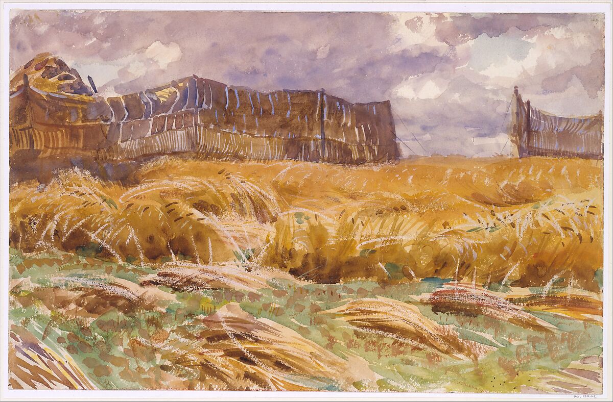 Camouflaged Field in France, John Singer Sargent (American, Florence 1856–1925 London), Watercolor, gouache, graphite, and wax crayon on white wove paper, American