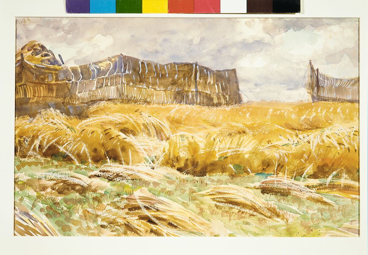 Camouflaged Field in France, John Singer Sargent (American, Florence 1856–1925 London), Watercolor, gouache, graphite, and wax crayon on white wove paper, American