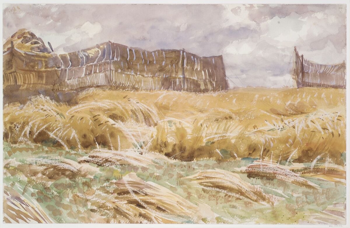 Camouflaged Field in France, John Singer Sargent (American, Florence 1856–1925 London), Watercolor, gouache, graphite, and wax crayon on white wove paper, American