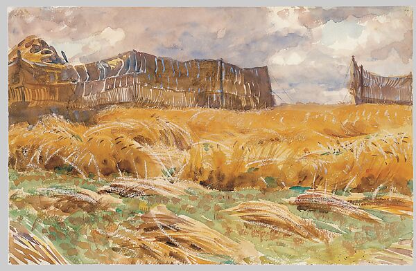 Camouflaged Field in France, John Singer Sargent (American, Florence 1856–1925 London), Watercolor, gouache, graphite, and wax crayon on white wove paper, American 