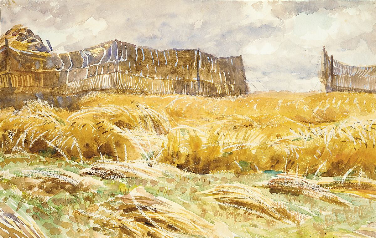 Camouflaged Field in France, John Singer Sargent (American, Florence 1856–1925 London), Watercolor, gouache, graphite, and wax crayon on white wove paper, American