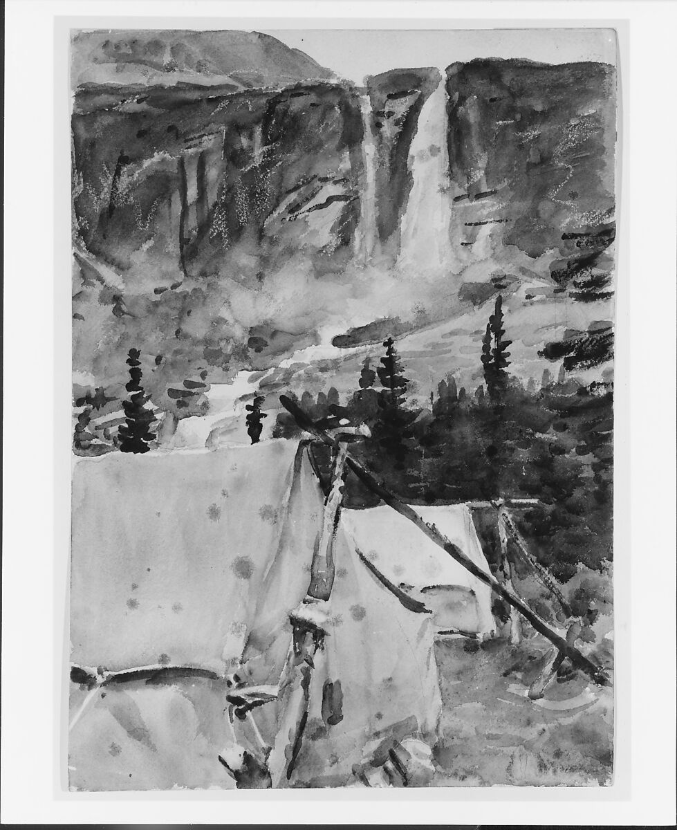 Camp and Waterfall, John Singer Sargent (American, Florence 1856–1925 London), Watercolor and graphite on white wove paper, American