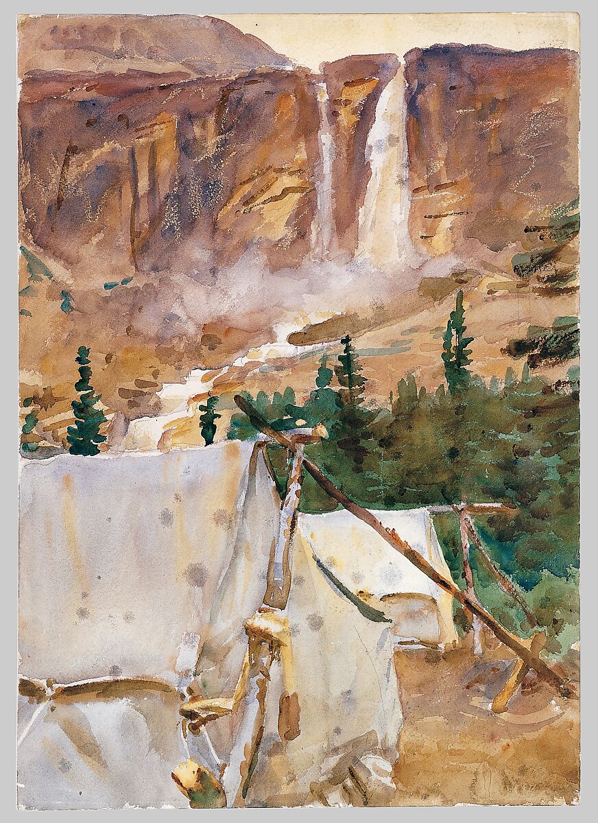 Camp and Waterfall, John Singer Sargent (American, Florence 1856–1925 London), Watercolor and graphite on white wove paper, American
