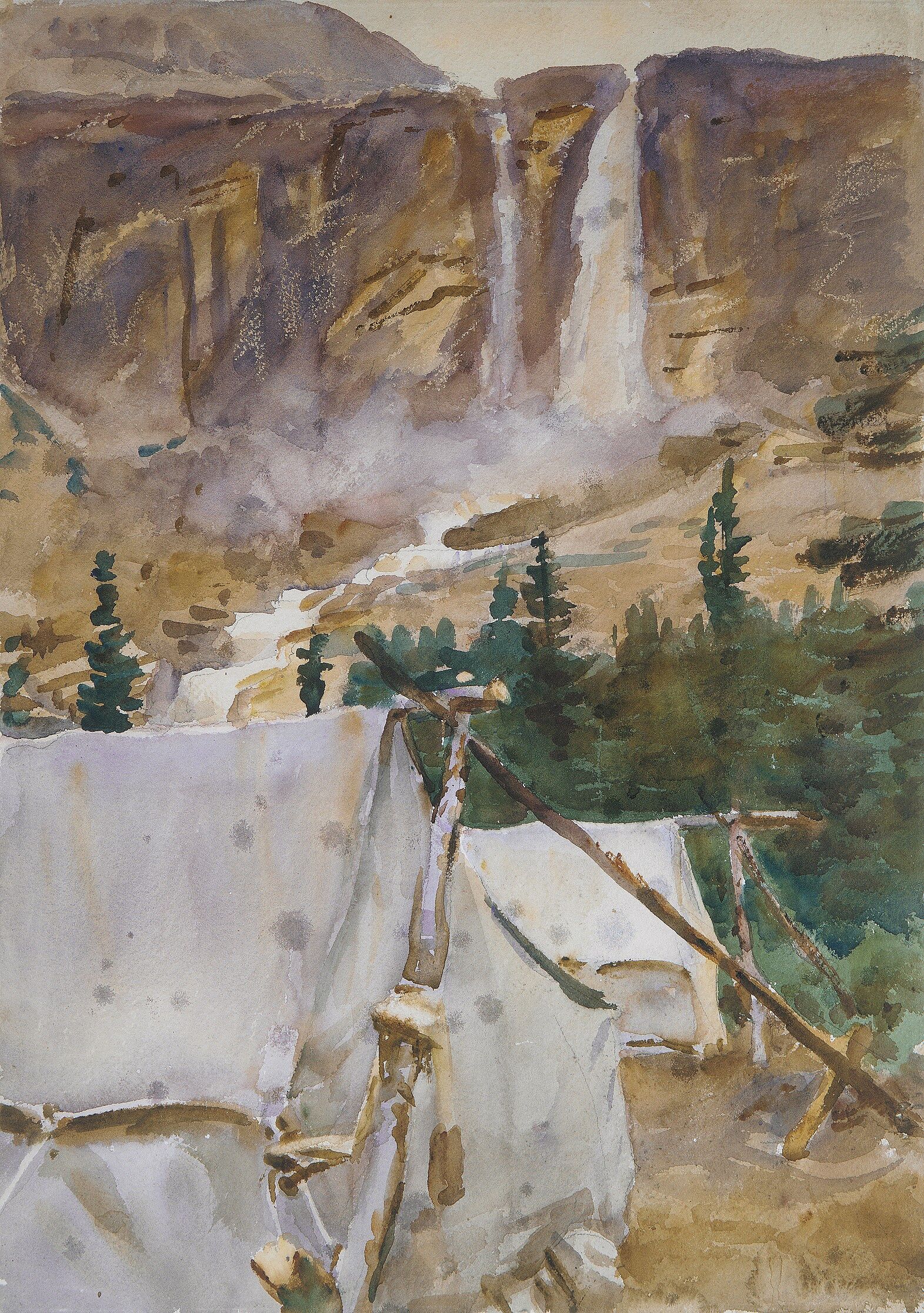 Camp and Waterfall, John Singer Sargent (American, Florence 1856–1925 London), Watercolor and graphite on white wove paper, American