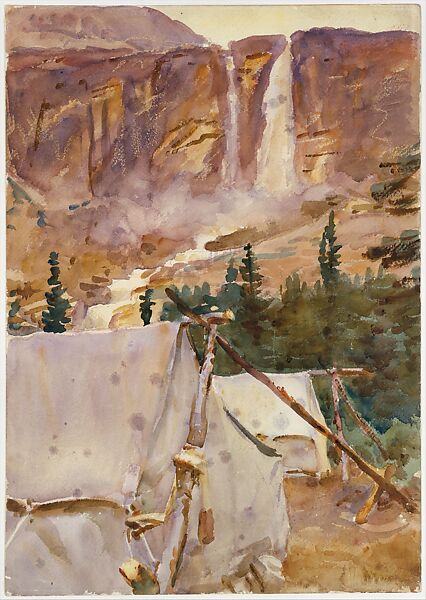 Camp and Waterfall, John Singer Sargent (American, Florence 1856–1925 London), Watercolor and graphite on white wove paper, American 