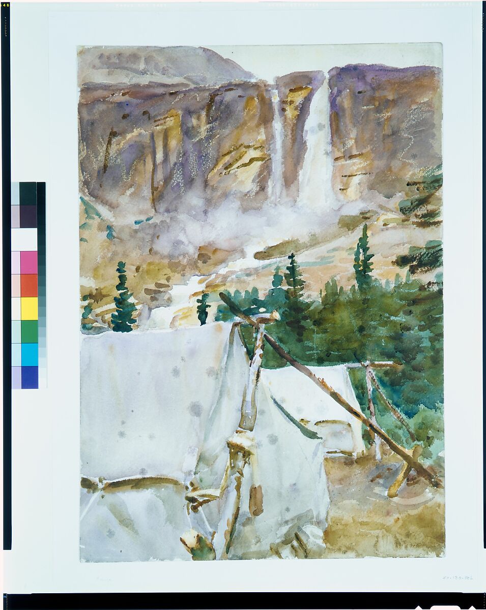 Camp and Waterfall, John Singer Sargent (American, Florence 1856–1925 London), Watercolor and graphite on white wove paper, American