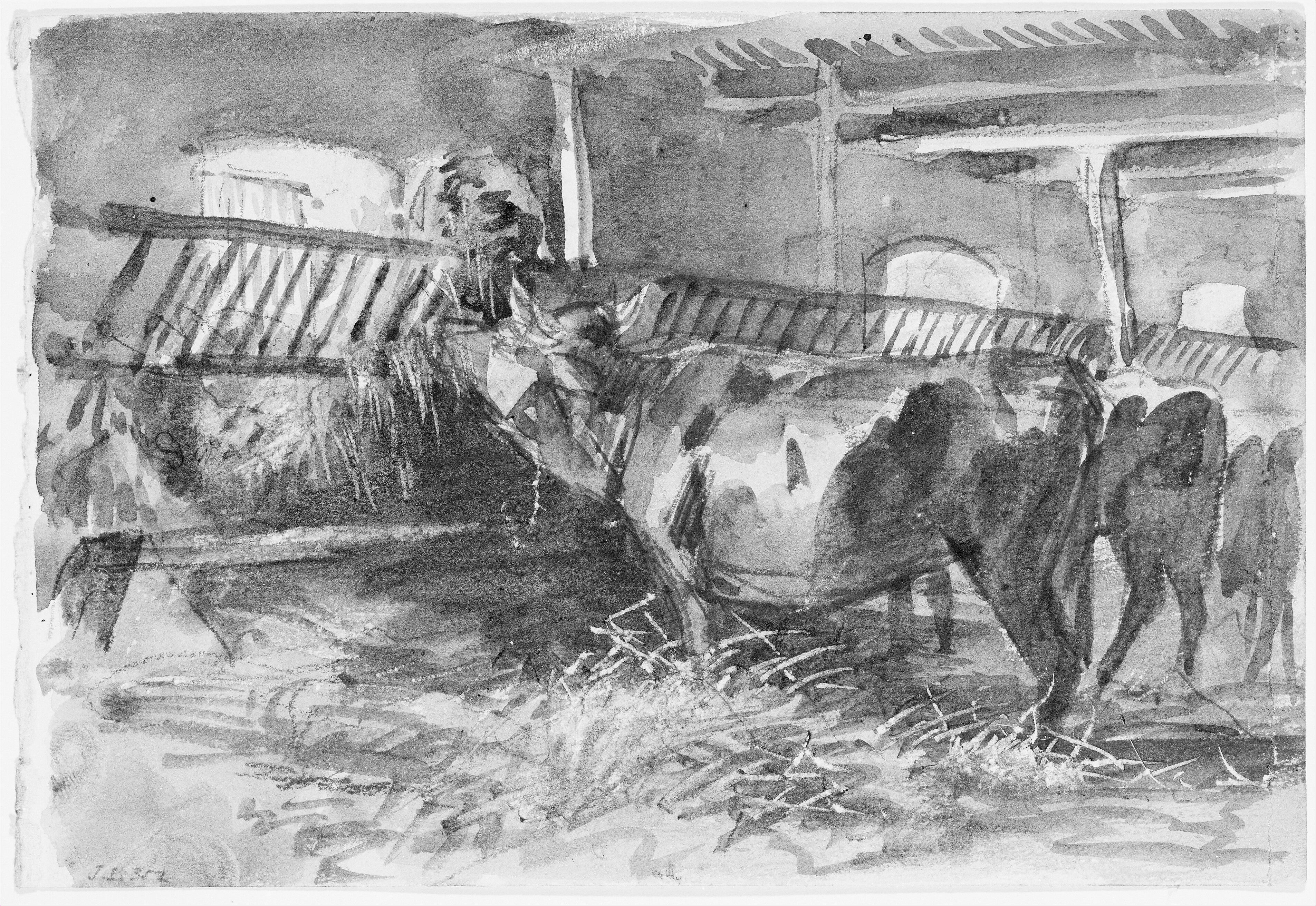 Cattle in a Stable, John Singer Sargent (American, Florence 1856–1925 London), Watercolor and graphite on off-white paper, American