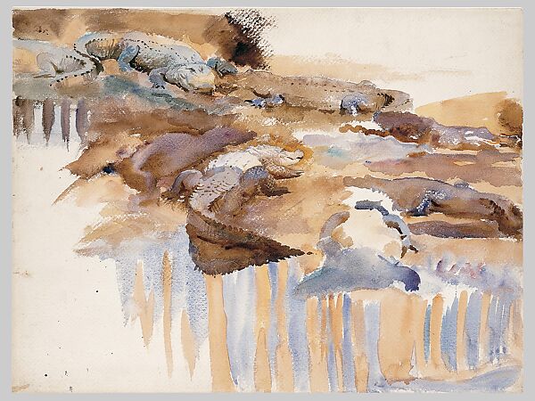 Alligators, John Singer Sargent (American, Florence 1856–1925 London), Watercolor, graphite, and wax crayon on white wove paper, American 