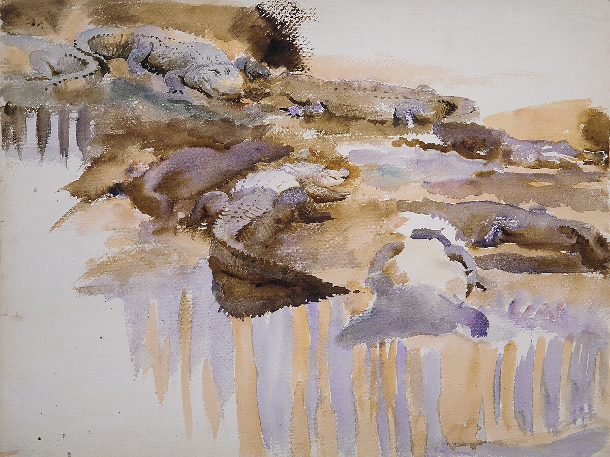 Alligators, John Singer Sargent (American, Florence 1856–1925 London), Watercolor, graphite, and wax crayon on white wove paper, American
