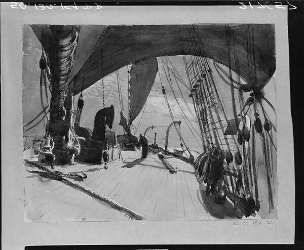 Deck of Ship in Moonlight (from scrapbook), John Singer Sargent (American, Florence 1856–1925 London), Watercolor on off-white wove paper, American
