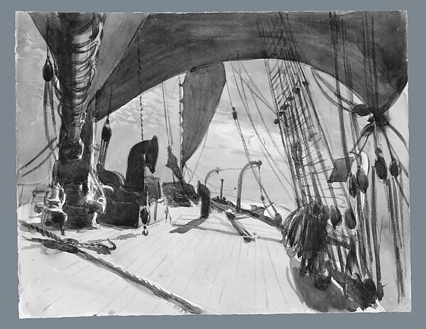 Deck of Ship in Moonlight (from scrapbook), John Singer Sargent (American, Florence 1856–1925 London), Watercolor on off-white wove paper, American