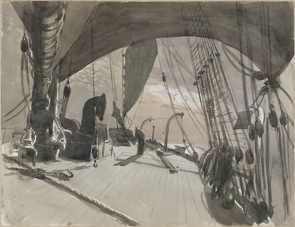 Deck of Ship in Moonlight (from scrapbook), John Singer Sargent (American, Florence 1856–1925 London), Watercolor on off-white wove paper, American 