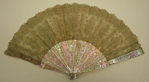 Fan, cotton, mother of pearl, diamonds, British 