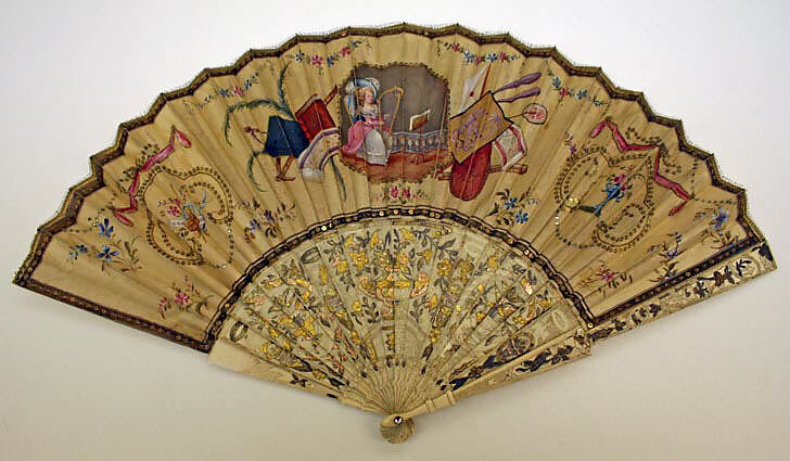 Fan, silk, ivory, gold and silver leaf, French 