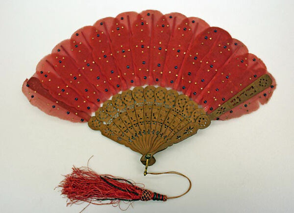 Fan, wood, gauze, beads, American or European 