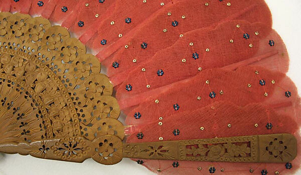 Fan, wood, gauze, beads, American or European
