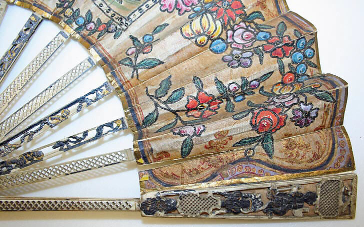 Fan, ivory, metal, linen, leather, French