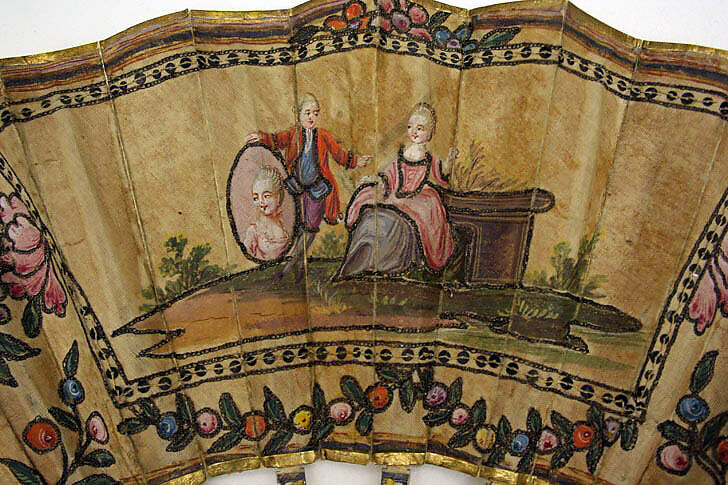 Fan, ivory, metal, linen, leather, French
