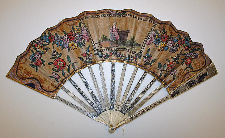 Fan, ivory, metal, linen, leather, French