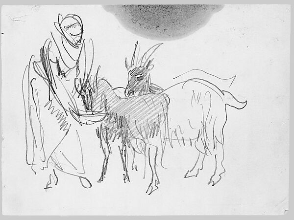 Feeding the Goats, John Singer Sargent (American, Florence 1856–1925 London), Graphite on off-white wove paper, American 