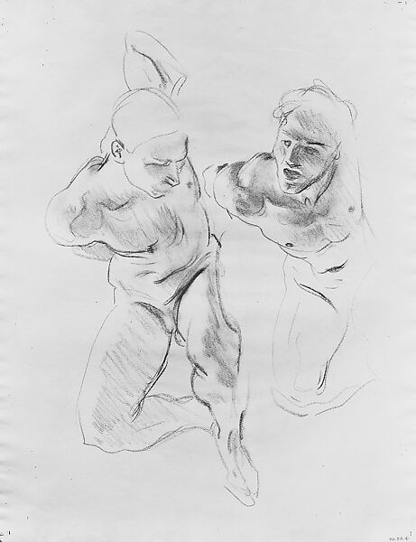 Two Male Figures, Possible Study for "Hell", John Singer Sargent (American, Florence 1856–1925 London), Charcoal on white laid paper, American 