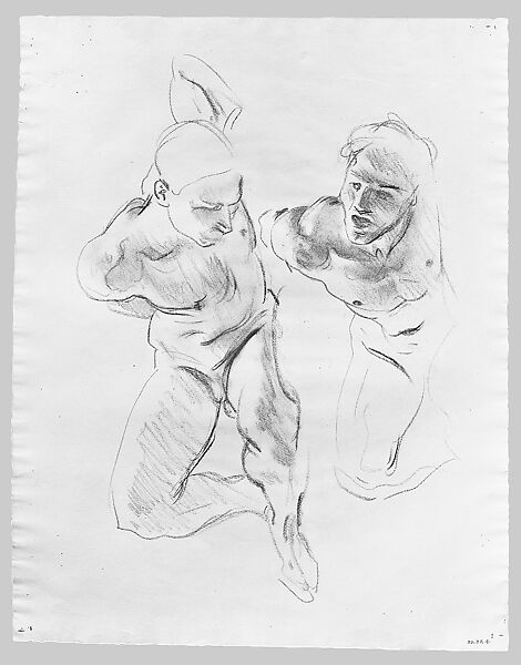 Two Male Figures, Possible Study for "Hell", John Singer Sargent (American, Florence 1856–1925 London), Charcoal on white laid paper, American