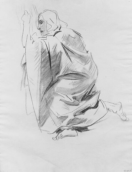 Kneeling Figure, Possible Study for "The Crucifixion", John Singer Sargent (American, Florence 1856–1925 London), Charcoal on light blue laid paper, American 