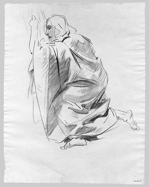 Kneeling Figure, Possible Study for "The Crucifixion", John Singer Sargent (American, Florence 1856–1925 London), Charcoal on light blue laid paper, American