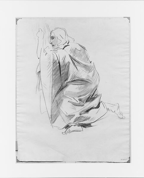 Kneeling Figure, Possible Study for "The Crucifixion", John Singer Sargent (American, Florence 1856–1925 London), Charcoal on light blue laid paper, American