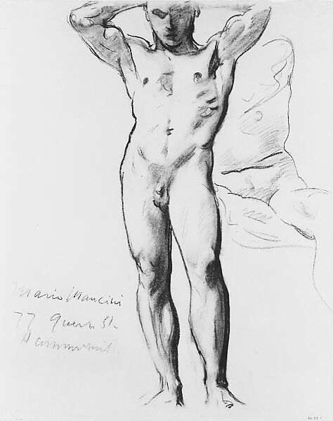 Man Standing, Hands on Head, John Singer Sargent (American, Florence 1856–1925 London), Charcoal on light blue laid paper, American 